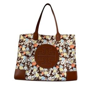Tory Burch floral tote purse bag carry all leather large size like new